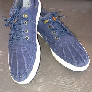 Polo by Ralph Lauren Distressed Navy Canvas Boat Shoes. Gently Worn